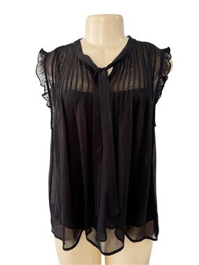 Bob Mackie Sheer Black Tie-Neck Ruffled Sleeve Blouse